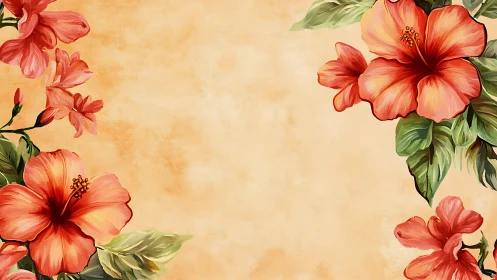 Coral Hibiscus Blooms Dance Across Cream Canvas