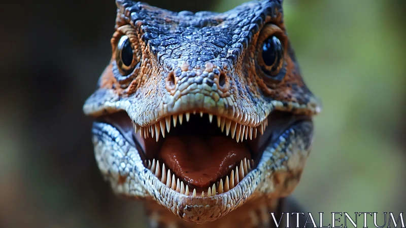 Smiling dinosaur head reveals razor teeth in lush forest light