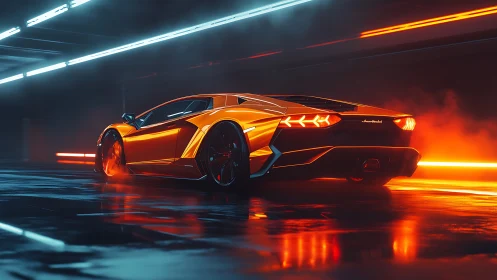 Neon-illuminated supercar in reflective tunnel underglow blaze.
