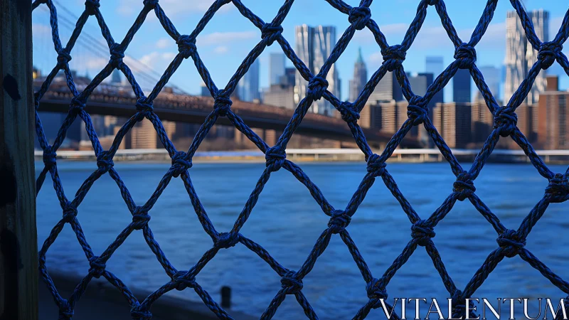 Shallow depth urban skyline beyond knotted rope barrier grid