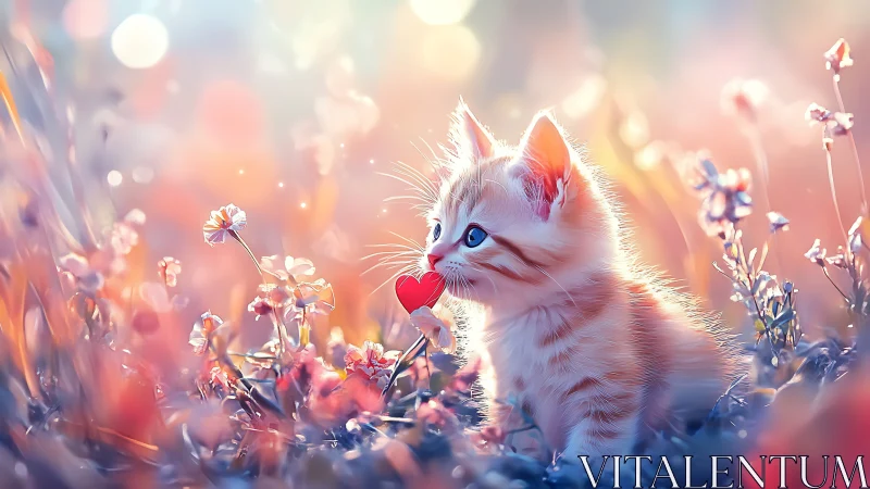 White Kitten Holds Red Heart Among Flowers. Fantasy
