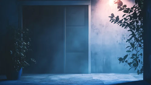 Nocturnal doorway in cinematic blue haze and hard sidelight