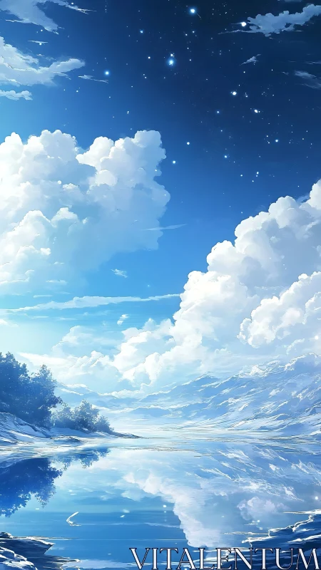 Vertical digital landscape depicts clouds, water and stars