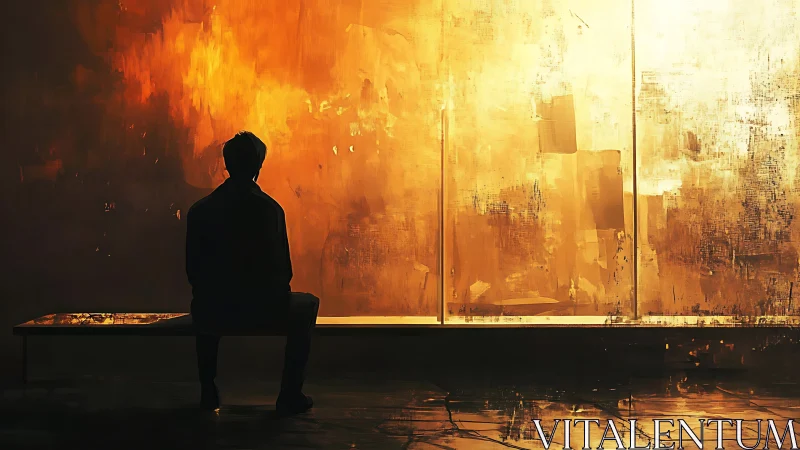 Quiet figure resting before a glowing golden abstract wall.