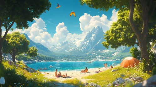 Coastal campsite is located below distant snow covered peaks