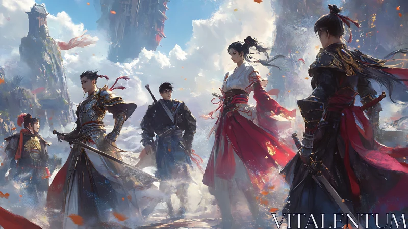 Warriors in ornate armor stand in a windy mountain pass