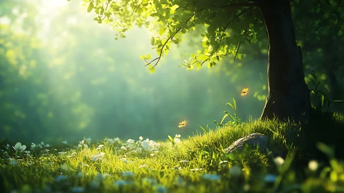 Sunlit Meadow Beneath Tree in Dreamy Nature Art Style.