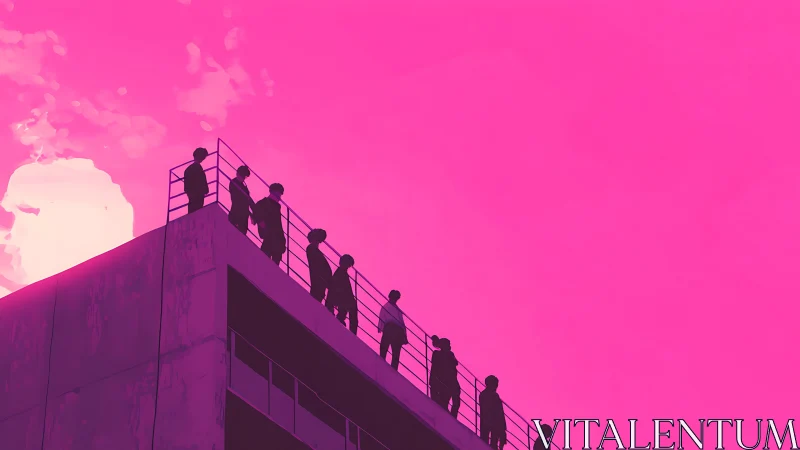 Silhouetted figures line rooftop under neon magenta sky.