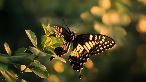 Swallowtail butterfly rests on sunlit leaves at golden hour