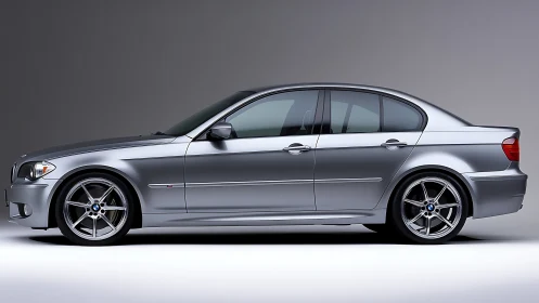 Side-profile studio render of sleek silver sport sedan car.