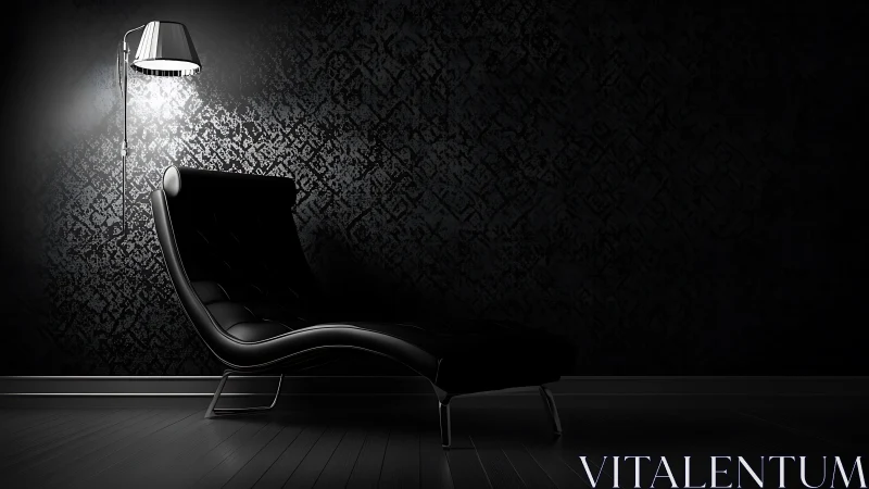 Photorealistic noir chaise lounge under focused side lighting.