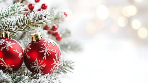 Red ornaments on snowy fir branches with soft light bokeh.