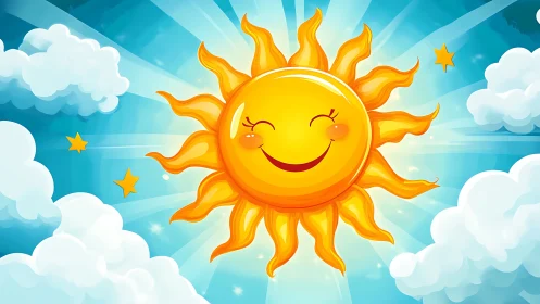 Smiling sun beaming warmly among soft clouds and stars.