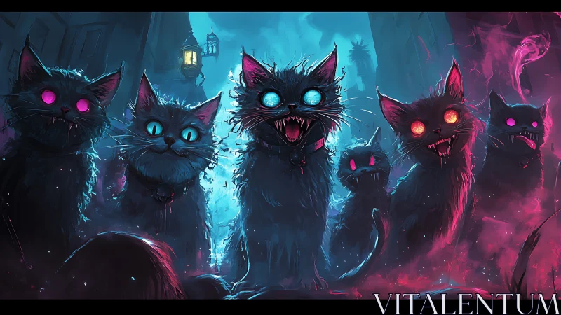 Luminescent Demonic Cats in Neon-Lit Gothic Cyberpunk Cityscape