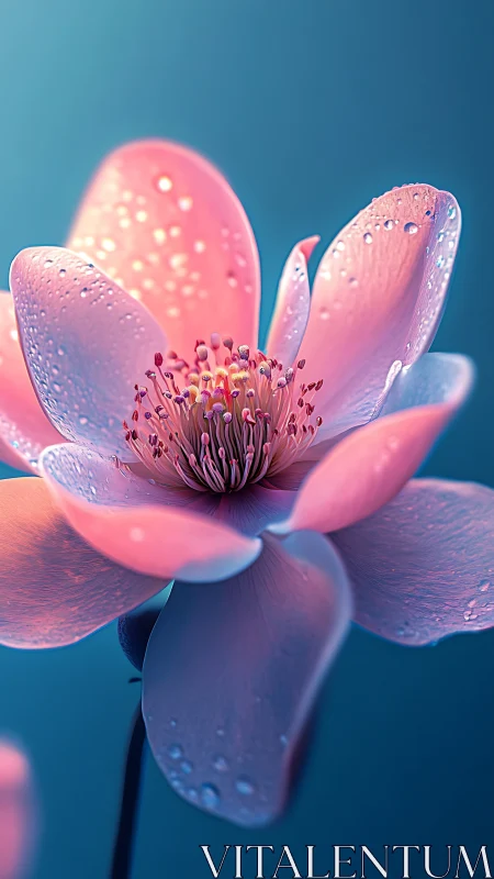 Pink Magnolia Blossom with Dew Droplets Against Gradient Teal Background