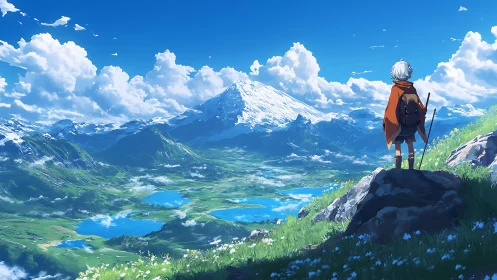 Solo cloaked traveler surveying alpine valley and lakes