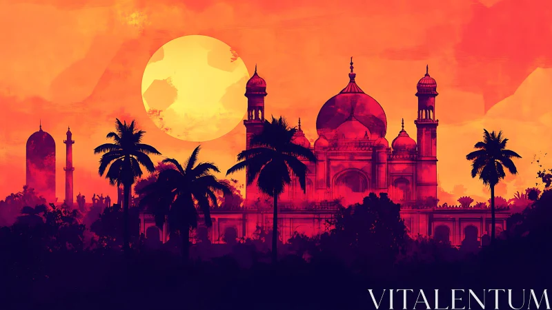 Sun-drunk domes whisper across tropical crimson haze