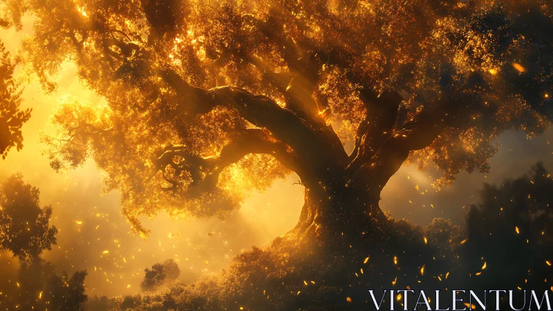 Ancient Tree Erupts in Golden Brilliance Through Twilight Mist
