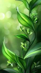 Digital painting of luminous green leaves with bokeh background.