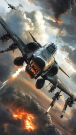 Attack jet diving through burning clouds in combat scene.