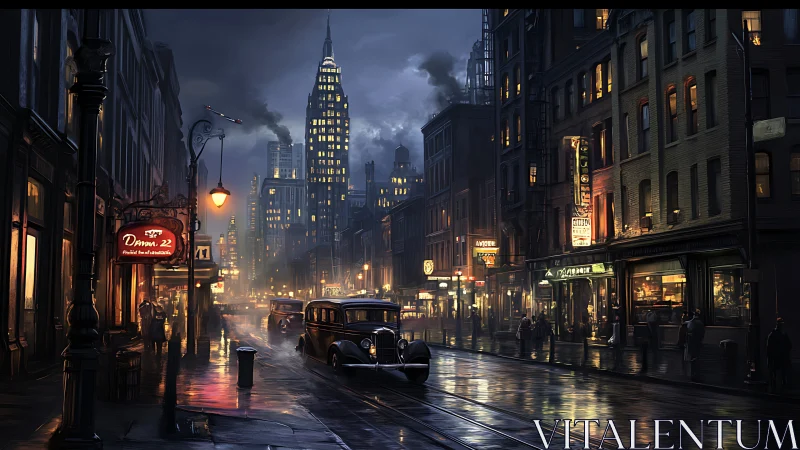 Noir city street glows under rain-soaked evening lights.