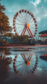 Ferris wheel and clear puddle reflection at urban park.