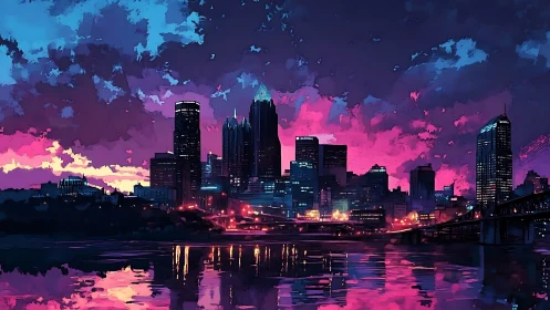 Neon dusk skyline over reflective river cityscape.