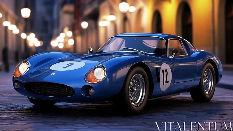 Midnight city showcase of blue vintage racing coupe.