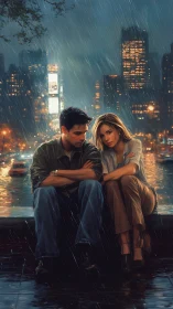 Two people seated in rain against city skyline at night.