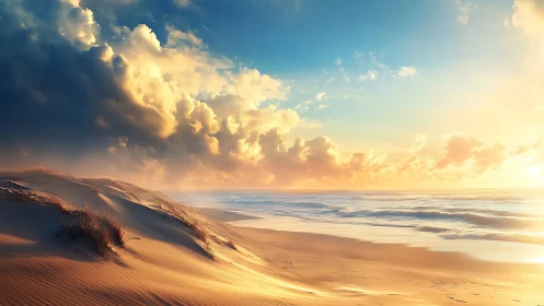 Golden coastal dunes under luminous sunset sky panorama.