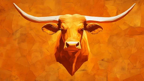Horned sunrise bull stares down the viewer in molten gold