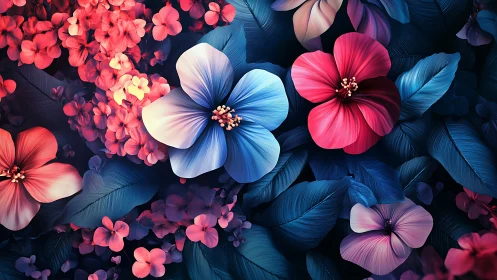 Radiant Floral Composition: Neon Blooms Against Deep Indigo Background