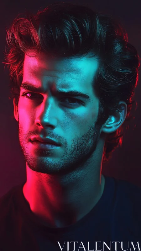 Moody male portrait under teal and magenta rim light.