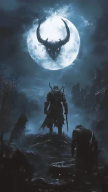Warrior confronts horned demon moon above haunted pass.