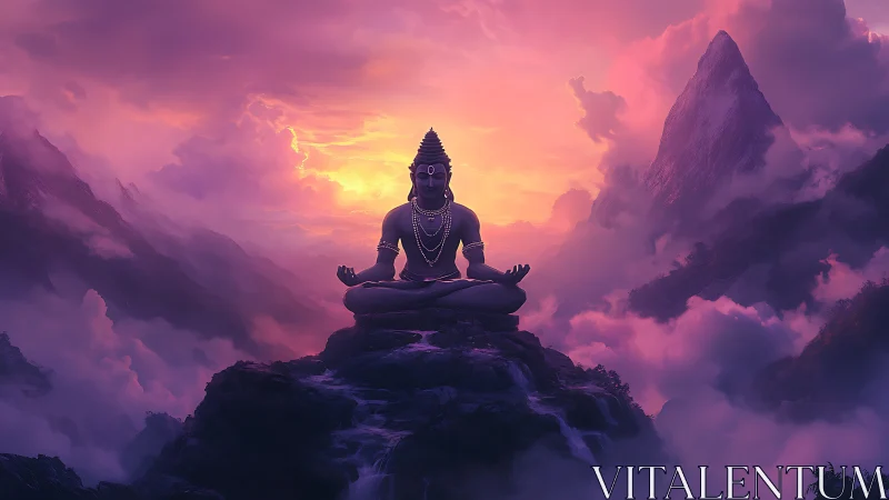 Meditating deity above violet mountains in radiant clouds.