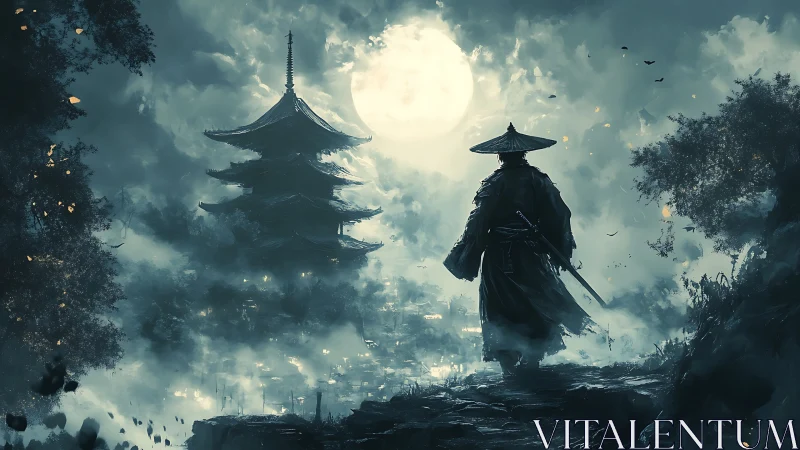 Moonlit ronin silhouette facing mist-shrouded pagoda temple