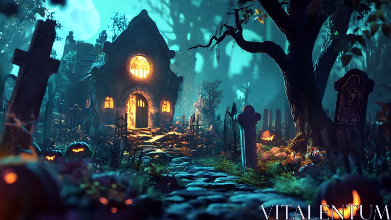 Nocturnal graveyard chapel under volumetric moonlit haze.