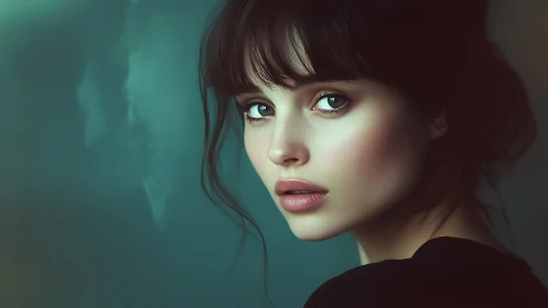 Digital portrait of young woman with teal soft background.
