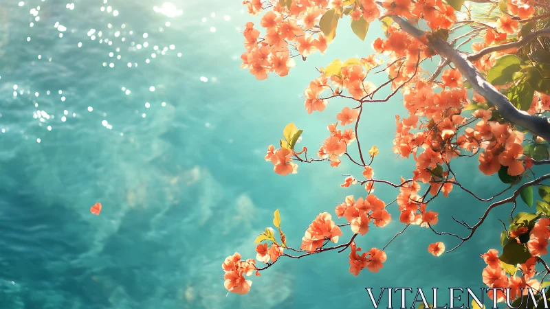 Bougainvillea branches framing turquoise water with light.
