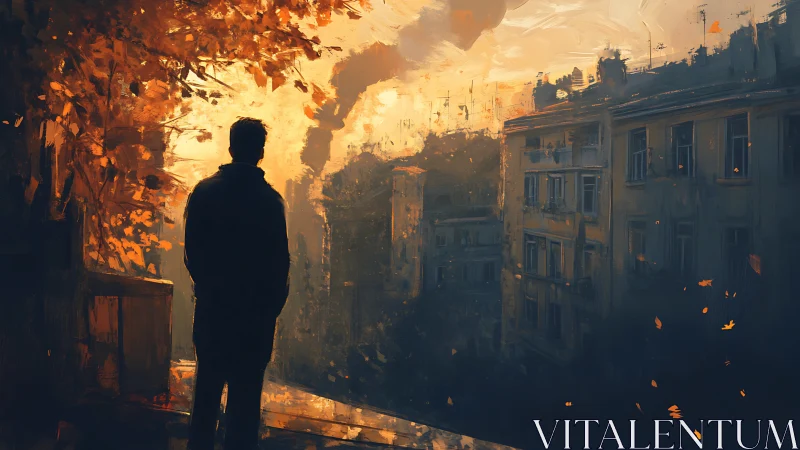 Silhouette viewing autumn cityscape at warm sunset light.