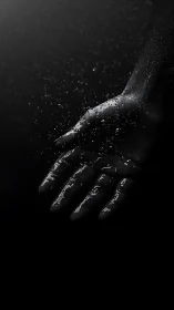 Outstretched wet hand emerges from darkness in moody light