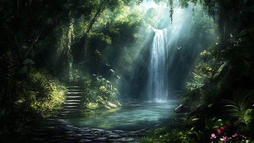 Enchanted jungle waterfall shimmers through dappled light.