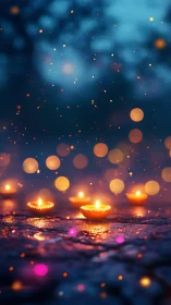 Gentle festival candles glowing softly in the evening light.