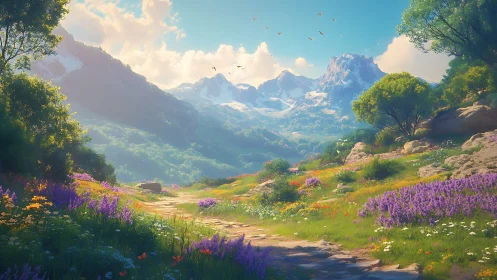 Sunlit alpine meadow path with layered atmospheric mountain depth