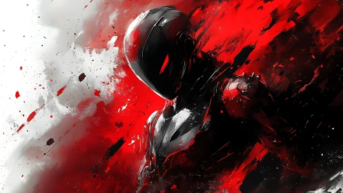 Crimson shockwave android dissolving into digital fury.