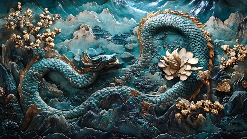Verdigris jade dragon relief coiled through stylized mountain landscape