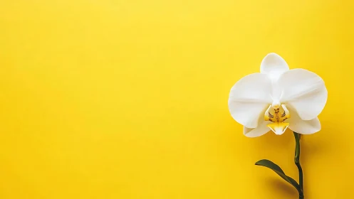 White Orchid Bloom Against Yellow Background
