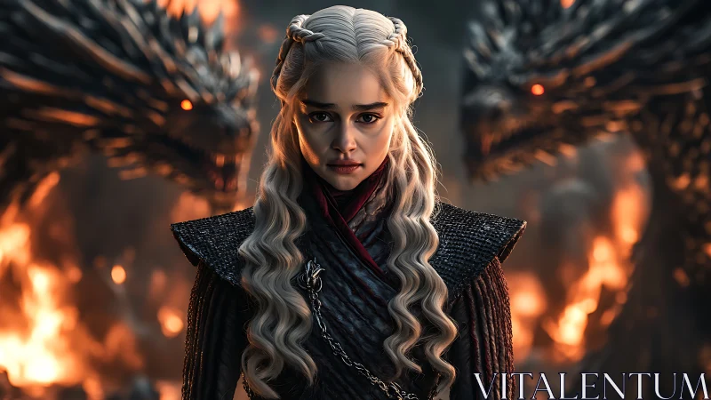 Dragon queen stands resolute before blazing inferno.