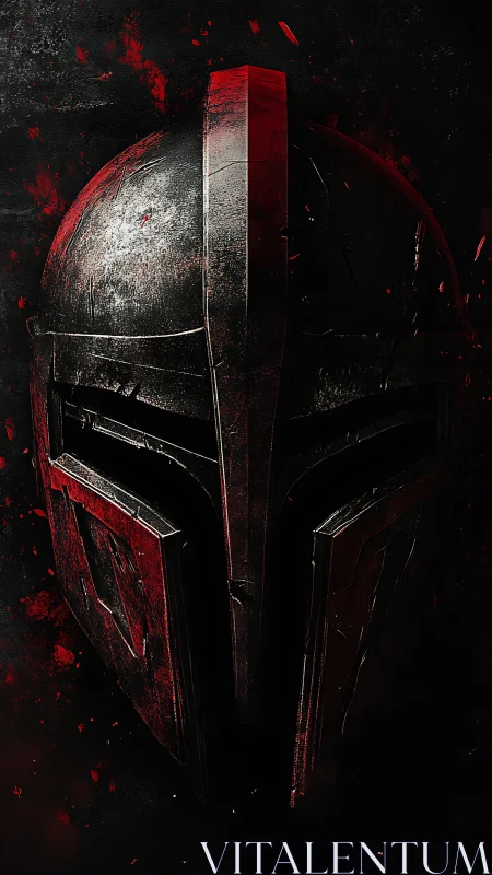 Weathered black helm with crimson blood-splatter glow.