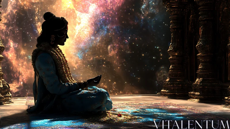 Meditating deity contemplates a glowing cosmic universe
